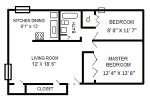 2-bedroom, 1-bathroom Creekside apartment floor plan in Bensalem, PA