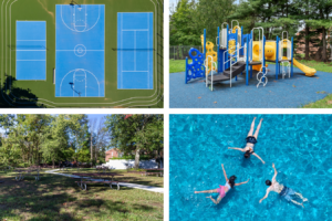 Collage of outdoor recreational activities at Creekside Apartments including pool, playground, and tennis courts