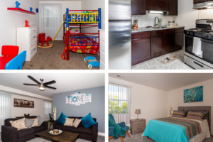 Collage of children's bedroom, living room, master bedroom, and kitchen in a Creekside apartment in Bensalem