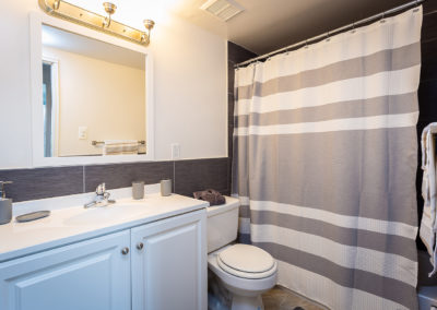 Bathroom with a single sink vanity, large mirror, and a shower with a grey and white shower curtain