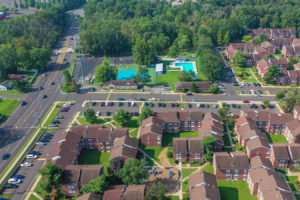 Side aerial view of the exterior of Creekside Apartments in Bensalem, PA